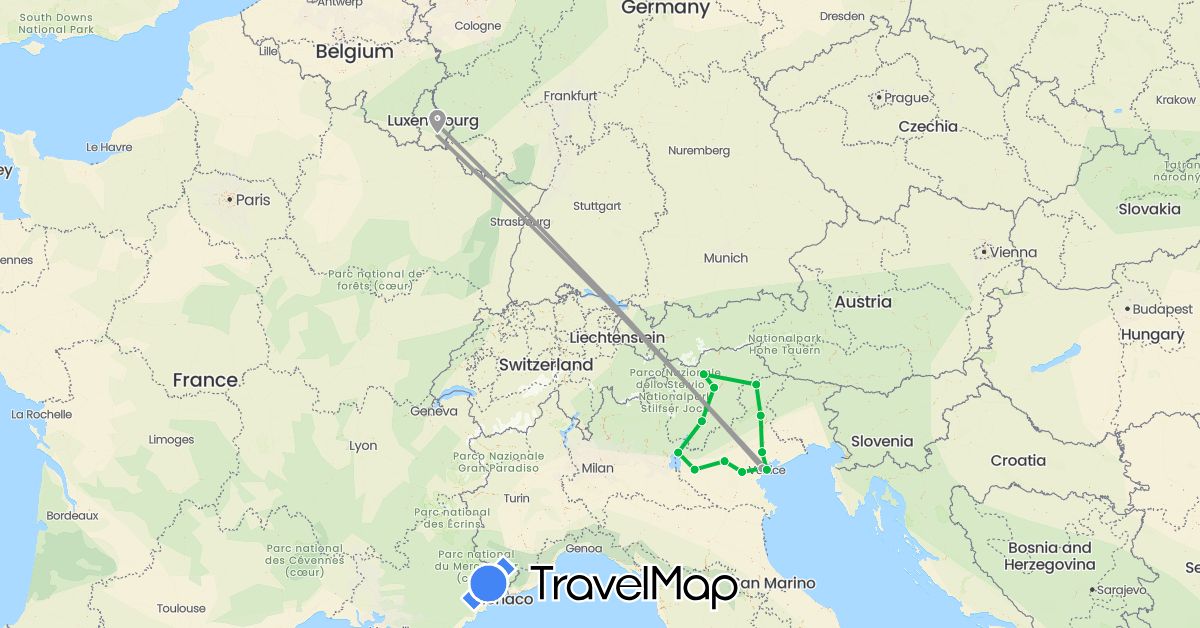 TravelMap itinerary: bus, plane in Italy, Luxembourg (Europe)